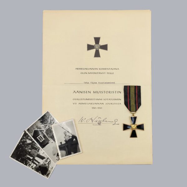 FINNISH CAMPAIGN CROSS OF ÄÄNINEN & CERTIFICATE