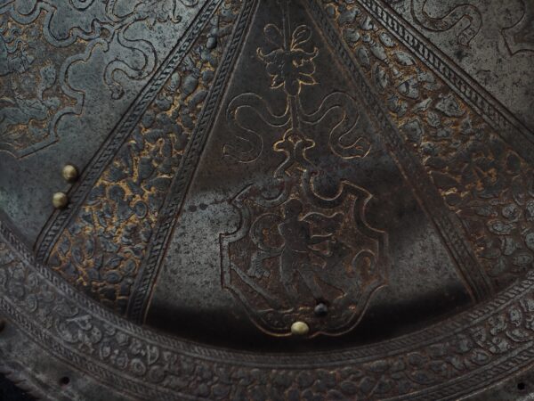 ITALIAN ETCHED AND GILDED PARADE SHIELD