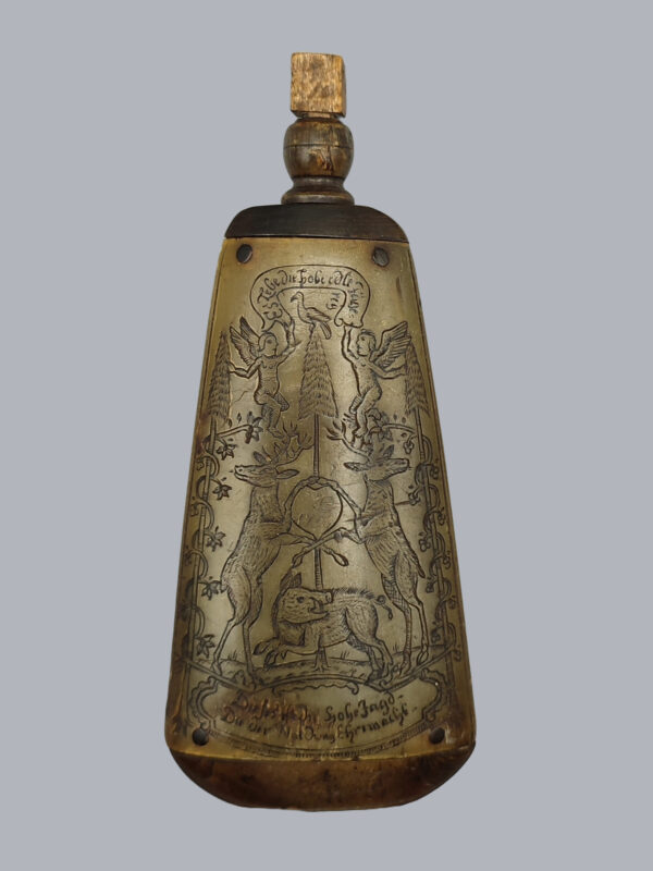 GERMAN ENGRAVED POWDER FLASK