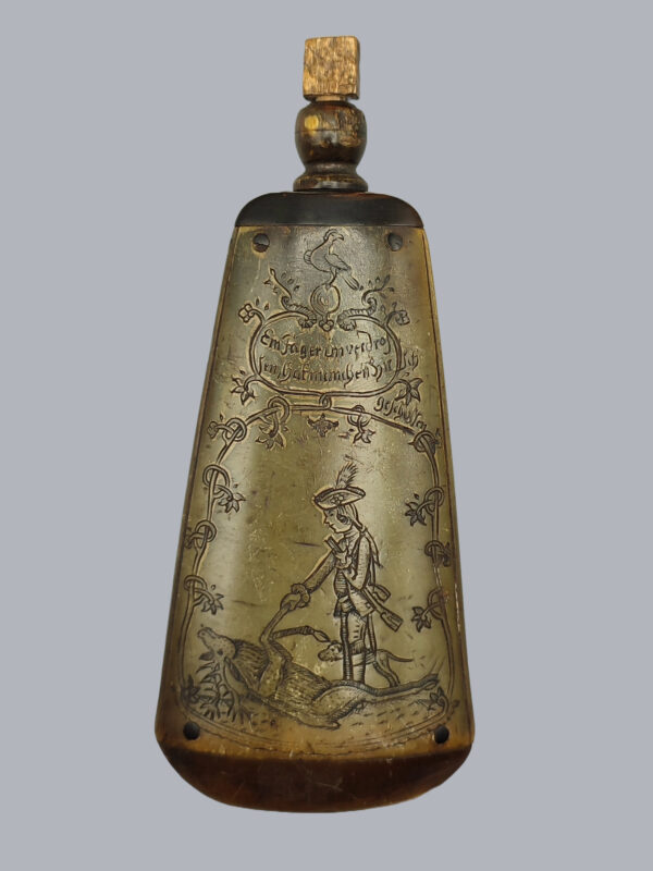 GERMAN ENGRAVED POWDER FLASK