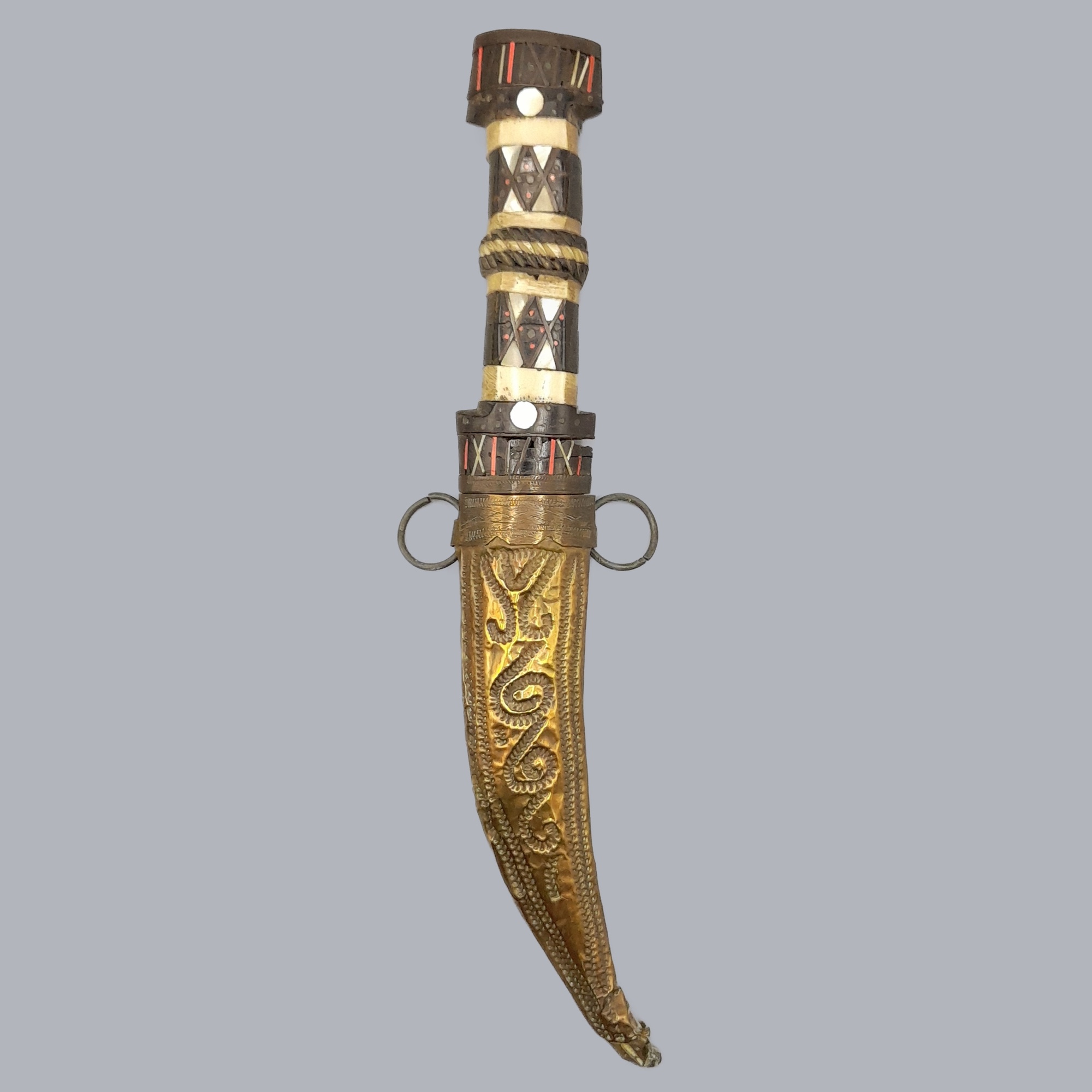 A698b Vintage 1950s Syrian Jambiya Dagger Islamic Ritual Dress Knife Arabic Bone Horn Handle Steel Blade Brass Scabbard Oriental Sword Saber Syria