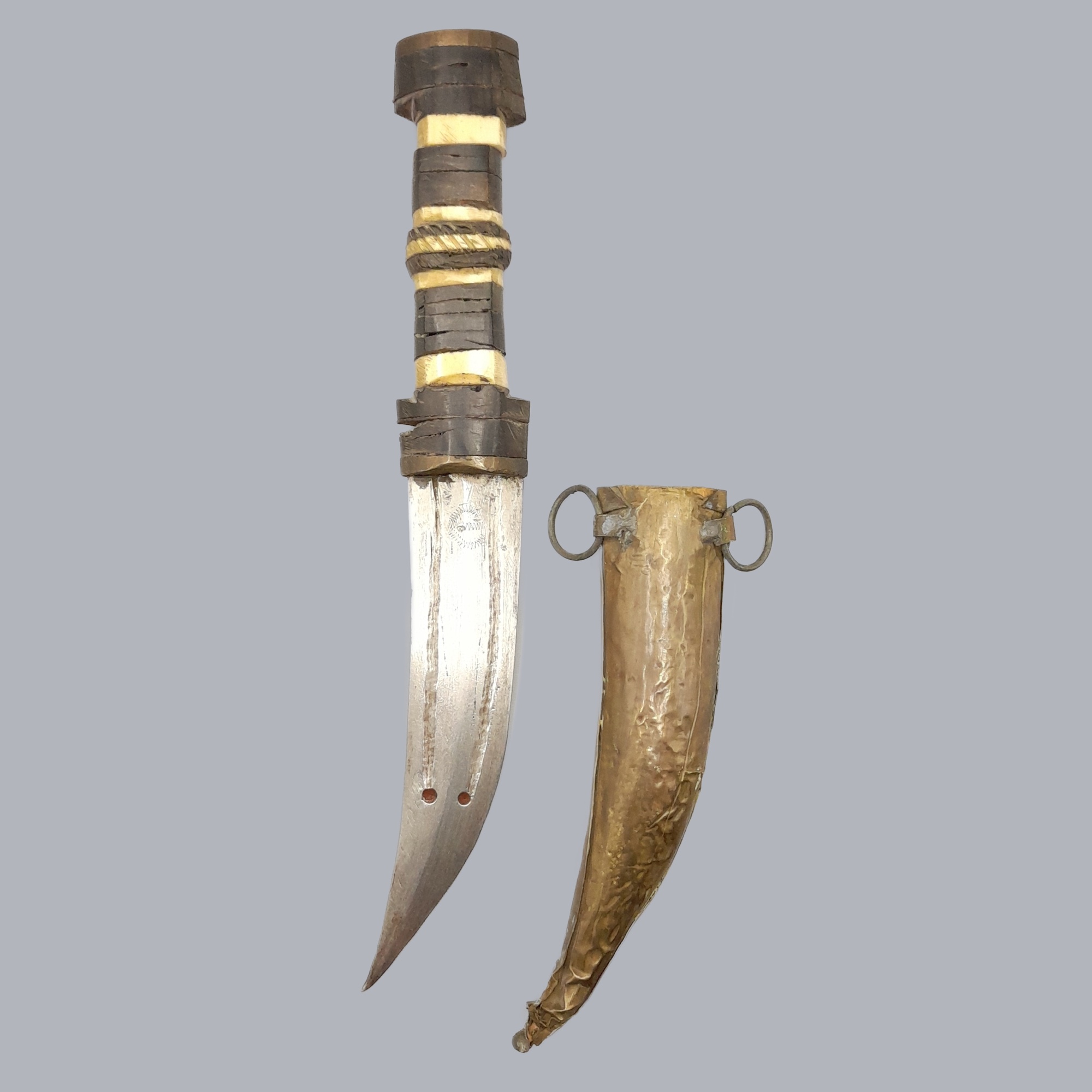 A698c Vintage 1950s Syrian Jambiya Dagger Islamic Ritual Dress Knife Arabic Bone Horn Handle Steel Blade Brass Scabbard Oriental Sword Saber Syria