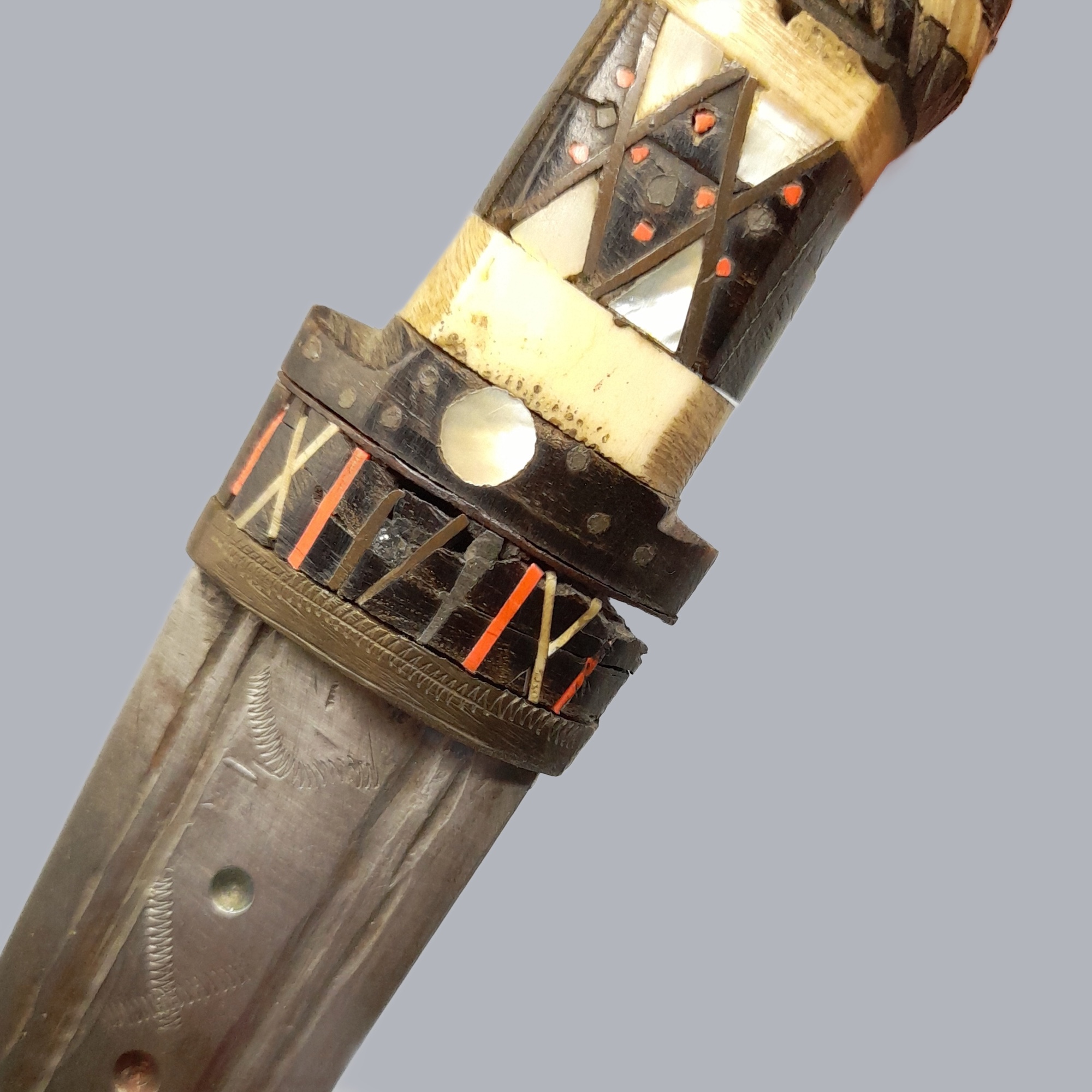 A698d Vintage 1950s Syrian Jambiya Dagger Islamic Ritual Dress Knife Arabic Bone Horn Handle Steel Blade Brass Scabbard Oriental Sword Saber Syria