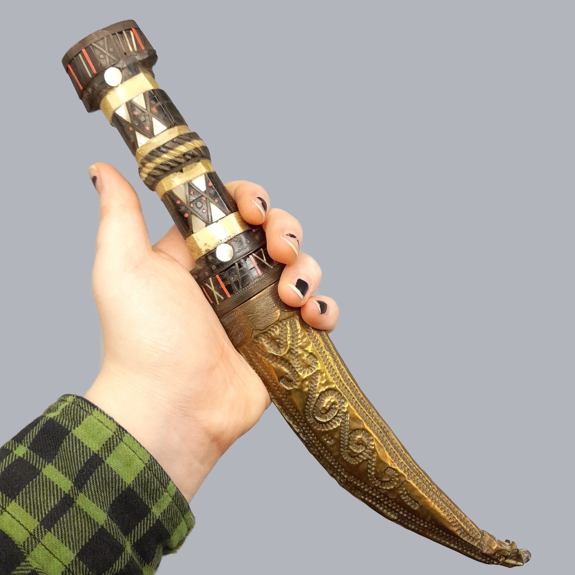 A698h Vintage 1950s Syrian Jambiya Dagger Islamic Ritual Dress Knife Arabic Bone Horn Handle Steel Blade Brass Scabbard Oriental Sword Saber Syria