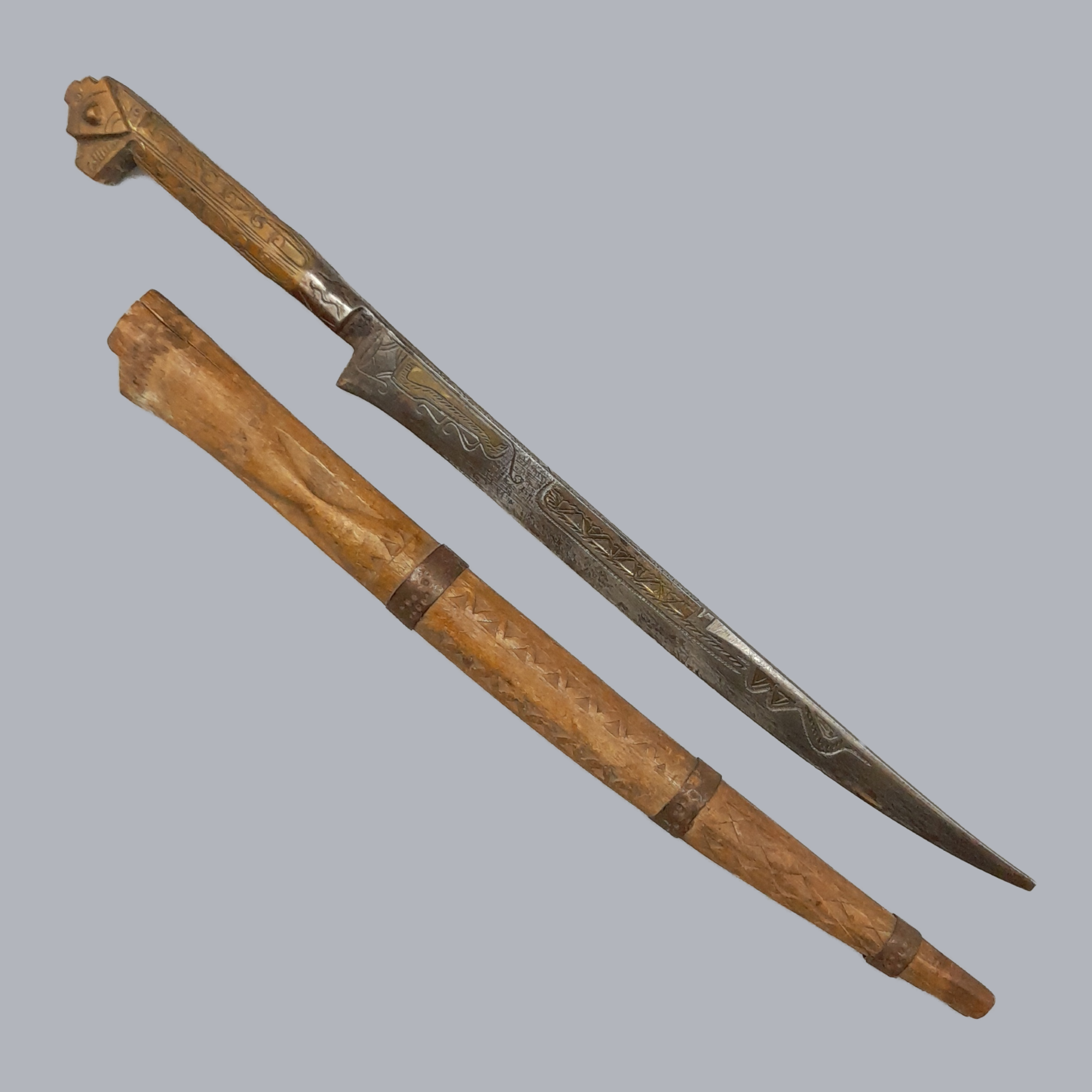 A700b Vintage Algerian Flyssa Ajenoui Knife 20th Century 1950s Sword Dagger African Tribal Traditional Wood Steel Iron Metal North African Antique