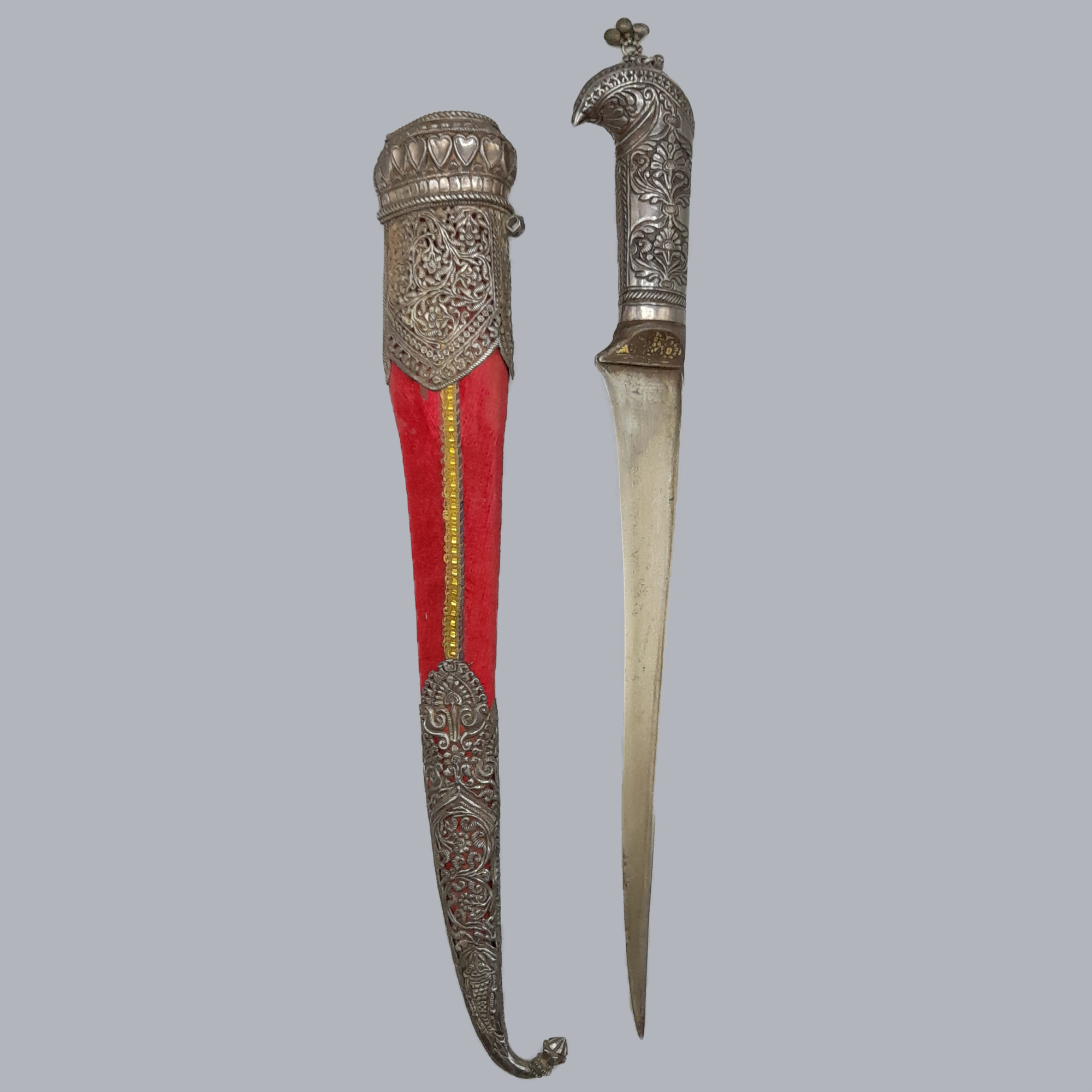 A717b Antique Indian Kard Dagger Mughalese South Asian Oriental Arms Steel Damascus Blade Silver Engraved