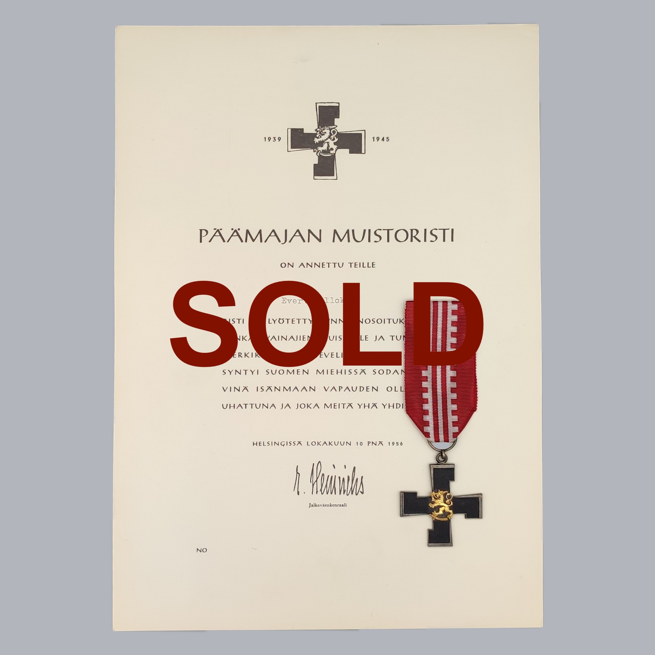 FINNISH WWII COMMEMORATIVE CROSS OF THE HEADQUARTERS & CERTIFICATE
