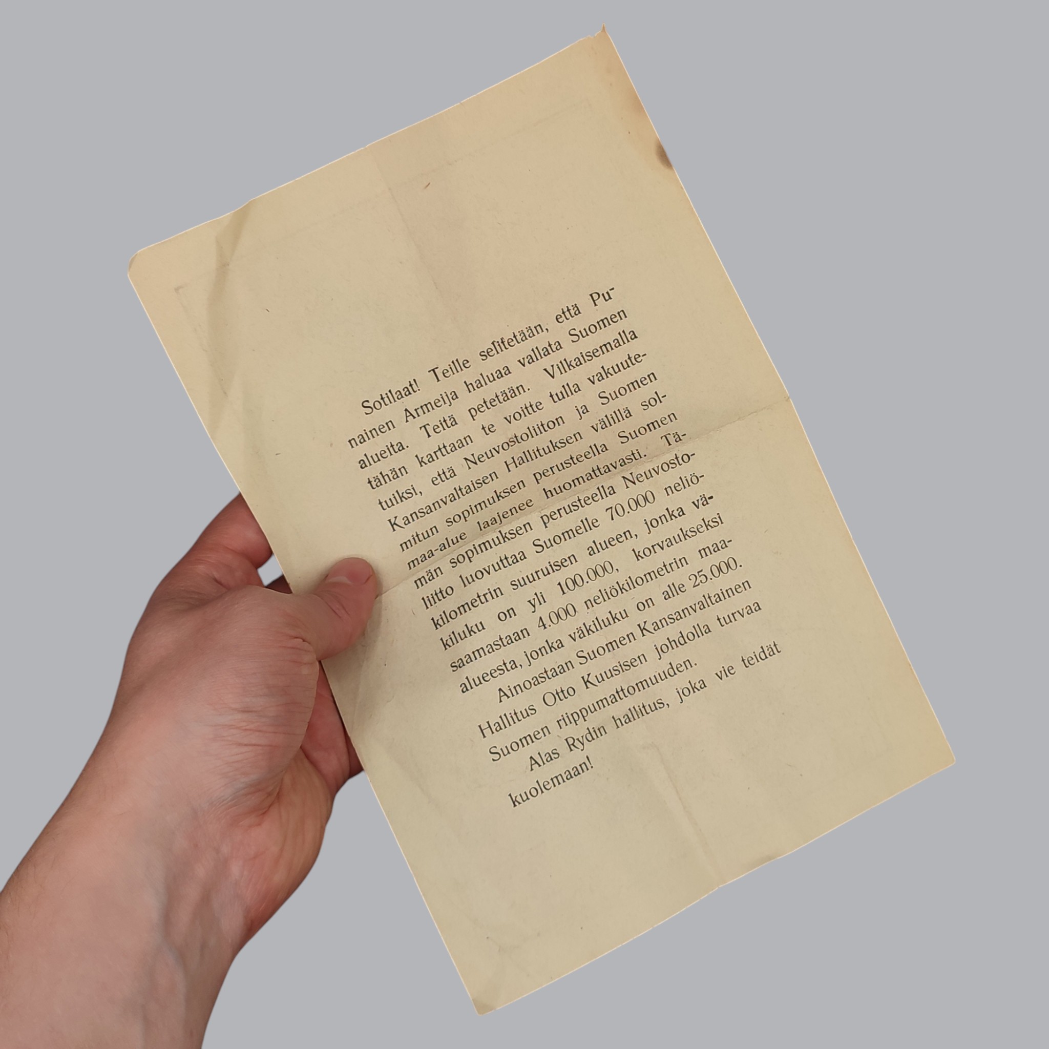 FINNISH-SOVIET WWII PROPAGANDA FLYER OF THE TERIJOKI GOVERNMENT